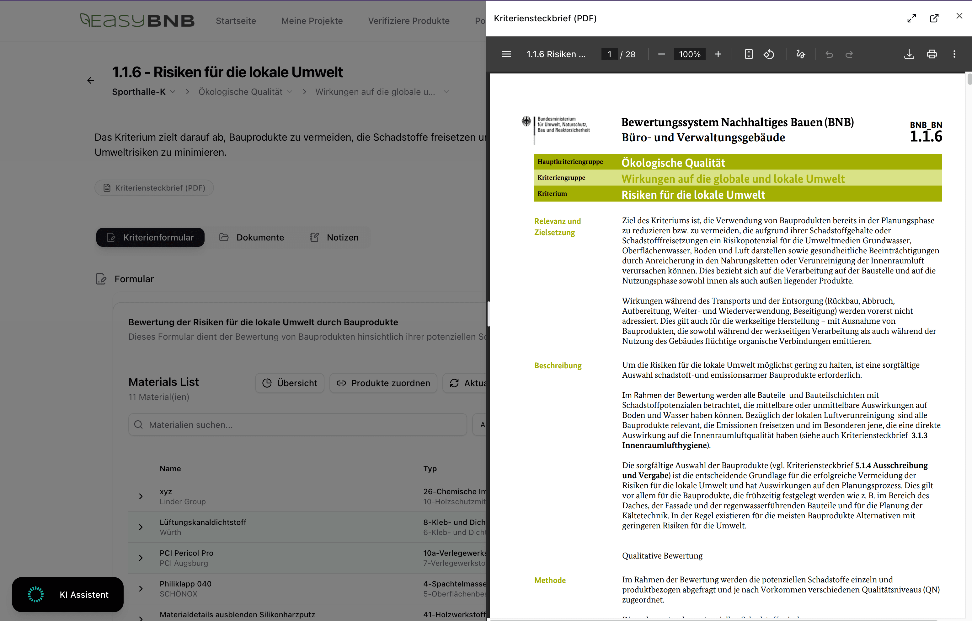 Geöffneter offizieller BNB-Kriteriensteckbrief neben dem Kriterienformular