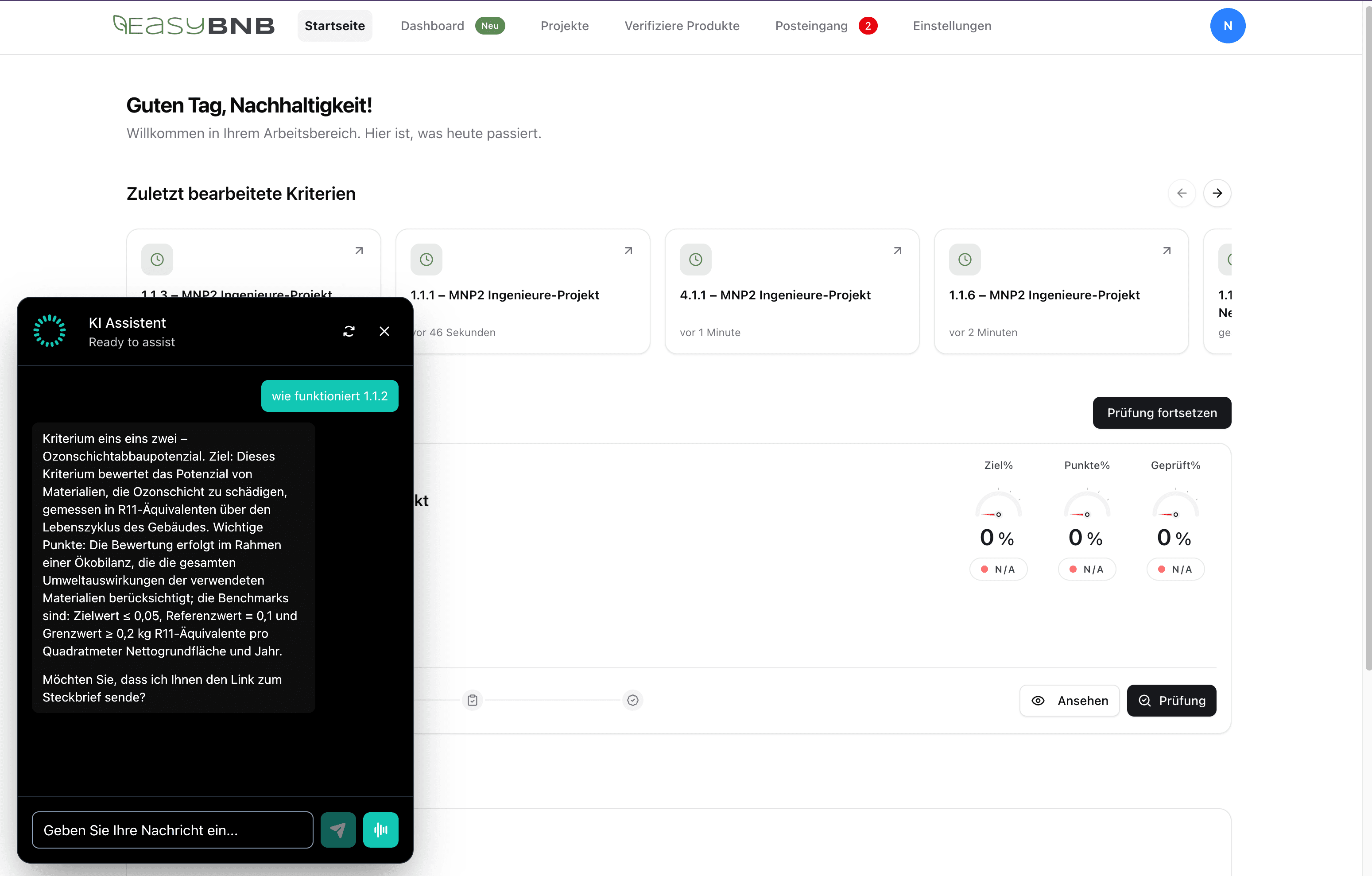 Geöffneter KI-Assistent, der ein BNB-Kriterium erklärt